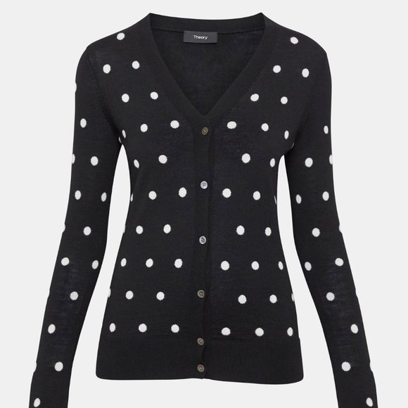 M (fits like a small) Theory merino wool cardigan, white polka dots on black! - Picture 1 of 12
